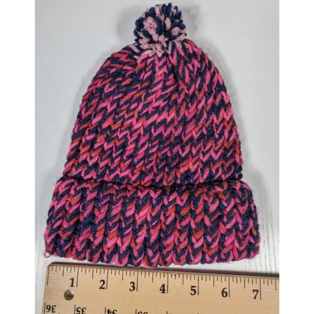 Crochet Hat Youth SIze Homade Pink Blue Pom Beanie